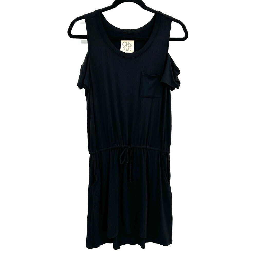 NWT CHASER Black Cold Shoulder Short Sleeve Stretch Waist Jersey Dress Medium
